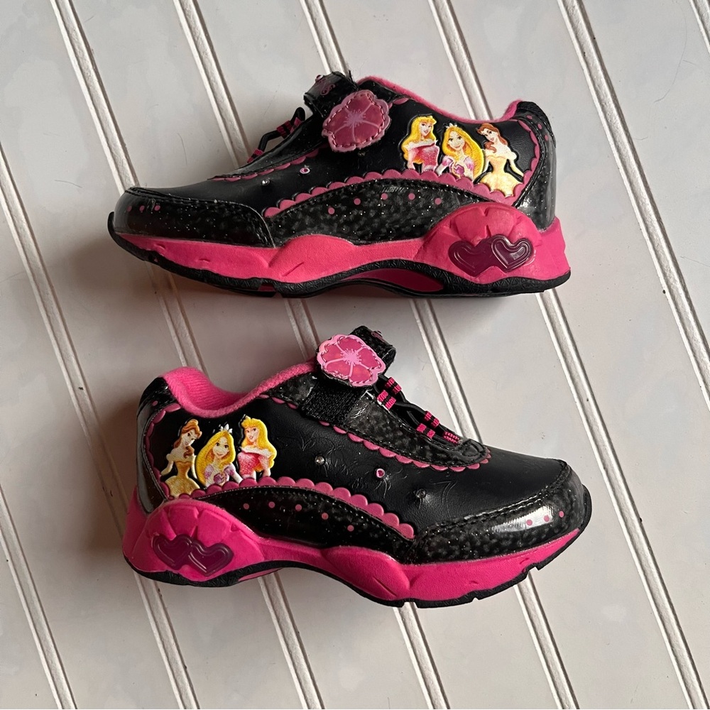 Disney Princess Belle Rapunzel Aurora Black Pink Glitter Sneakers Toddler Size 8